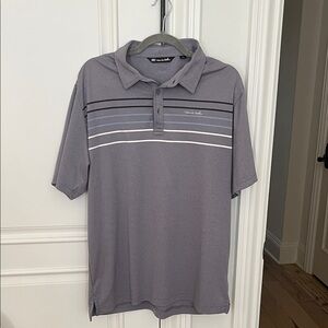 Travis Mathew Gray Polo with Blue and White Stripes